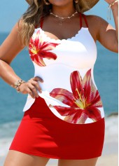 Plus Size Mid Waisted Red Floral Print Tankini Set