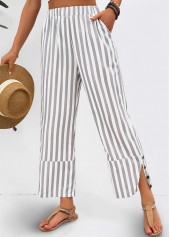 Striped Light Grey Elastic Waist Mid Waisted Pants