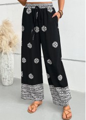 Tribal Print Black Wide Leg Elastic Waist Pants