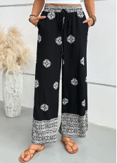 Tribal Print Black Wide Leg Elastic Waist Pants