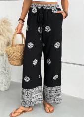 Tribal Print Black Wide Leg Elastic Waist Pants