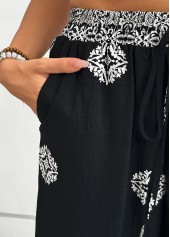 Tribal Print Black Wide Leg Elastic Waist Pants