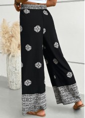 Tribal Print Black Wide Leg Elastic Waist Pants
