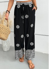 Tribal Print Black Wide Leg Elastic Waist Pants
