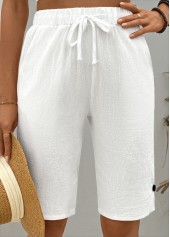 White Straight Leg Elastic Waist High Waisted Shorts