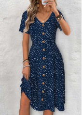 Polka Dot Navy Short Sleeve V Neck Dress