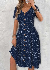 Polka Dot Navy Short Sleeve V Neck Dress