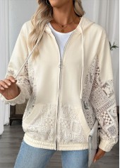 Beige Long Sleeve Pocket Zipper Hoodie