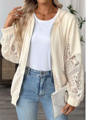 Beige Long Sleeve Pocket Zipper Hoodie