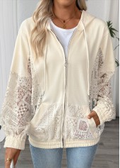 Beige Long Sleeve Pocket Zipper Hoodie