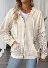Beige Long Sleeve Pocket Zipper Hoodie