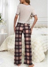 Plaid Light Coffee Round Neck Lounge Top and Pants