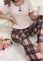 Plaid Light Coffee Round Neck Lounge Top and Pants