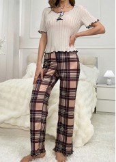 Plaid Light Coffee Round Neck Lounge Top and Pants
