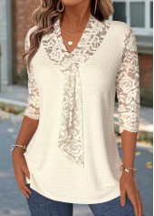 Beige 3/4 Sleeve V Neck T Shirt