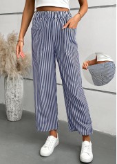 Striped Blue Straight Leg Elastic Waist Mid Waisted Pants