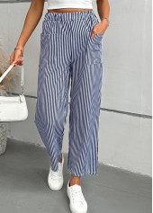 Striped Blue Straight Leg Elastic Waist Mid Waisted Pants