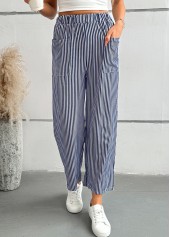 Striped Blue Straight Leg Elastic Waist Mid Waisted Pants