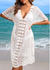 V Neck Lace Patchwork White Cover Up