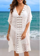 V Neck Lace Patchwork White Cover Up