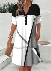 Geometric Print Multi Color Short Sleeve Split Neck Dress