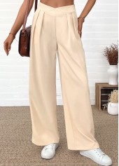 Pocket Beige Wide Leg Elastic Waist High Waisted Pants