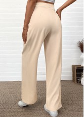 Pocket Beige Wide Leg Elastic Waist High Waisted Pants