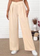Pocket Beige Wide Leg Elastic Waist High Waisted Pants