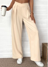 Pocket Beige Wide Leg Elastic Waist High Waisted Pants