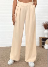 Pocket Beige Wide Leg Elastic Waist High Waisted Pants