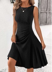 Black Ruched Sleeveless Round Neck Dress