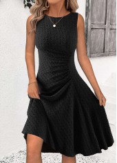 Black Ruched Sleeveless Round Neck Dress