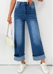 Pocket Denim Blue Wide Leg Button Fly Pants