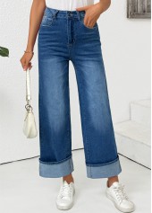 Pocket Denim Blue Wide Leg Button Fly Pants