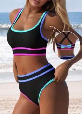 Mid Waisted Black Patchwork Bikini Set