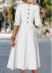 Polka Dot White Half Sleeve Round Neck Dress