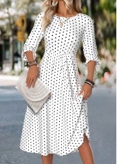Polka Dot White Half Sleeve Round Neck Dress