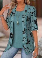 Floral Print Turquoise Half Sleeve Fake Two Piece Twinset