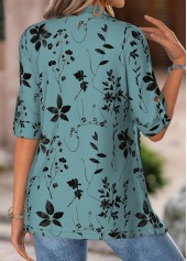 Floral Print Turquoise Half Sleeve Fake Two Piece Twinset
