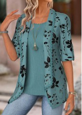 Floral Print Turquoise Half Sleeve Fake Two Piece Twinset