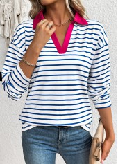 Striped White Long Sleeve Split Neck T Shirt