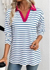 Striped White Long Sleeve Split Neck T Shirt