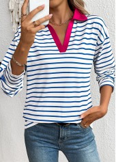 Striped White Long Sleeve Split Neck T Shirt