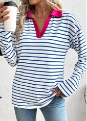 Striped White Long Sleeve Split Neck T Shirt