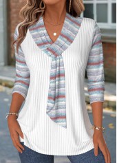 Striped White 3/4 Sleeve V Neck T Shirt