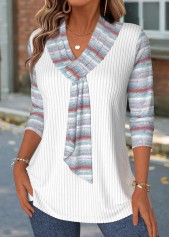 Striped White 3/4 Sleeve V Neck T Shirt
