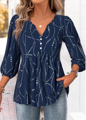 Geometric Print Navy 3/4 Sleeve Split Neck Blouse