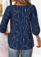 Geometric Print Navy 3/4 Sleeve Split Neck Blouse