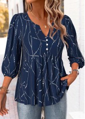 Geometric Print Navy 3/4 Sleeve Split Neck Blouse
