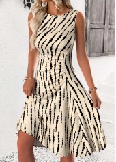 Tie Dye Print Light Camel Sleeveless Round Neck Dress